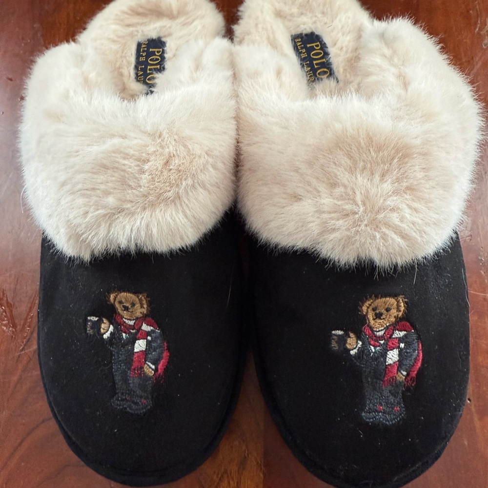 Polo by Ralph Lauren Black Slippers with Cream Lining*RARE* NWOT